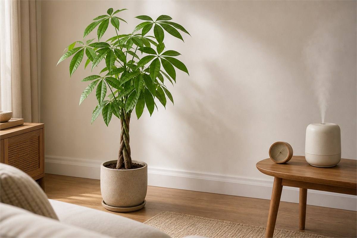 Money tree in a warm room with a hygrometer and humidifier away from vents