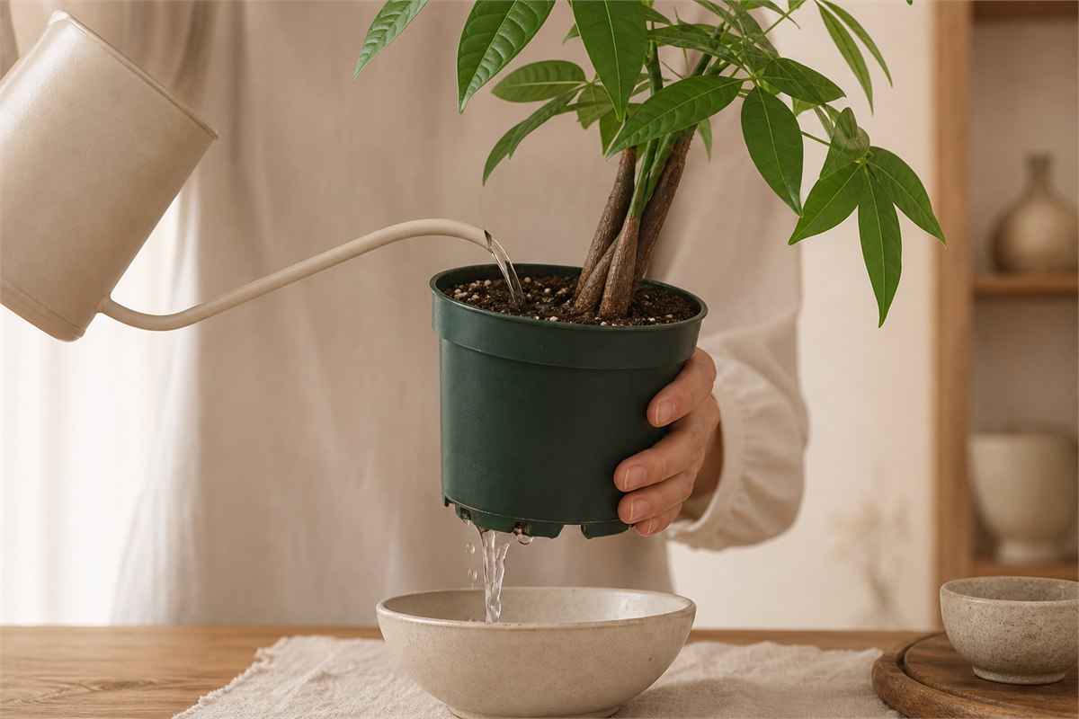 Money tree watered evenly as excess drains from the pot and the saucer is emptied