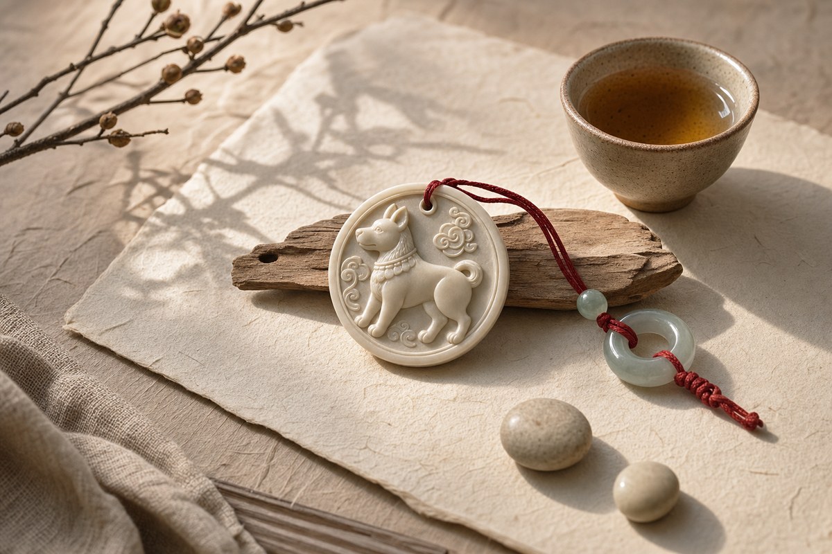 Carved monkey zodiac medallion with branch shadows, handmade paper, ceramic markers, red cord, and warm wood