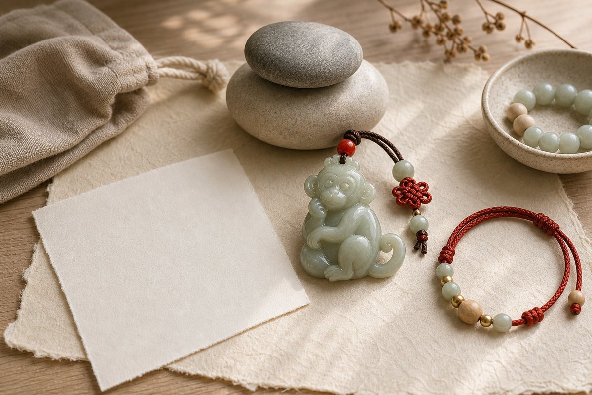Carved monkey zodiac medallion with two blank cards, smooth stones, jade bead, red cord, and handmade paper