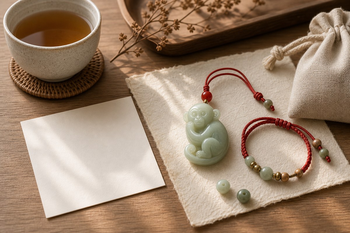Small monkey zodiac charm with red cord bracelet, linen pouch, blank note card, tea cup, and warm wood desk