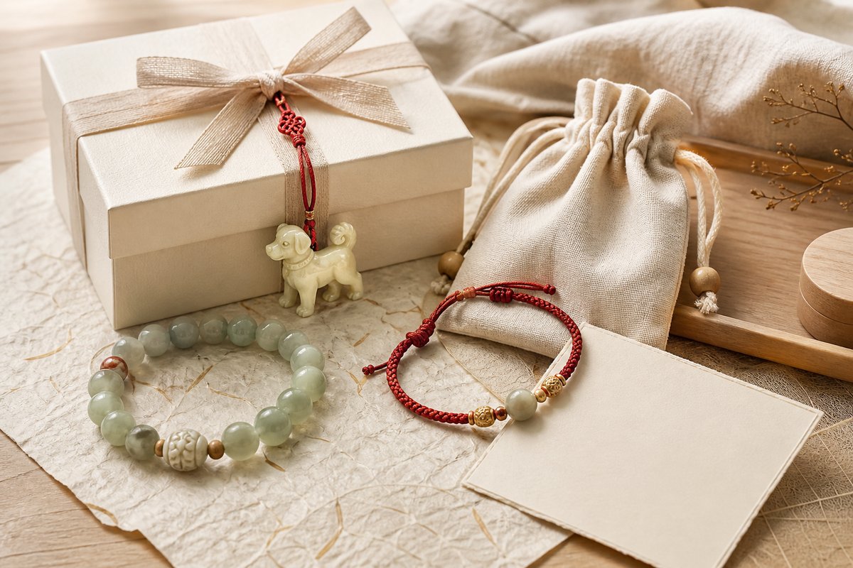 Paper gift box with a carved monkey zodiac charm, jade bracelet, red cord bracelet, linen pouch, and blank gift card