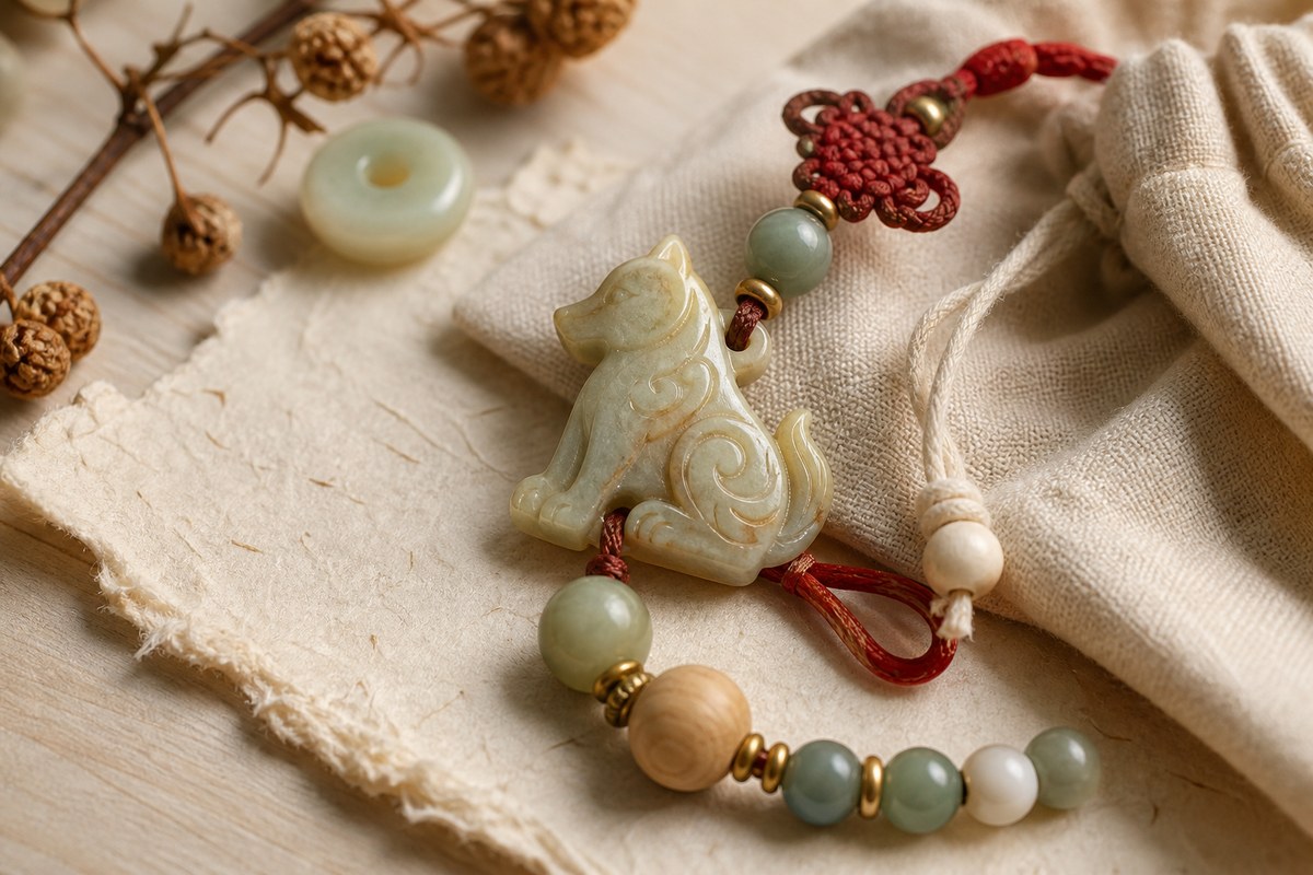 Close view of a jade monkey zodiac charm with jade beads, plain wood beads, red cord knots, and handmade paper