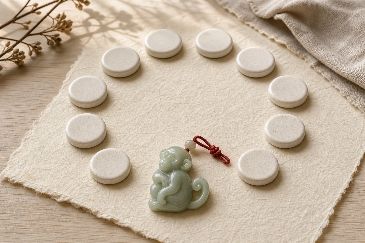 Jade monkey zodiac charm placed inside a circle of blank ceramic zodiac markers on ivory fabric and wood