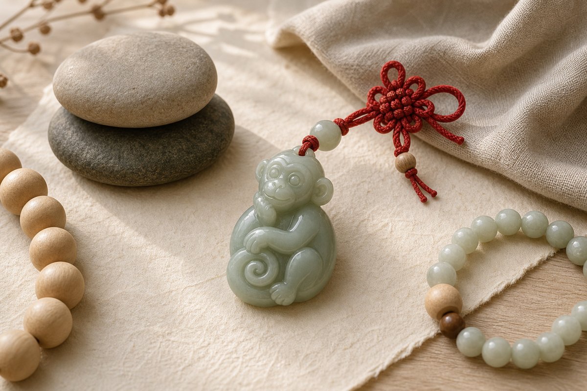Small carved monkey zodiac figure with balanced stones, muted jade beads, red cord, and handmade paper