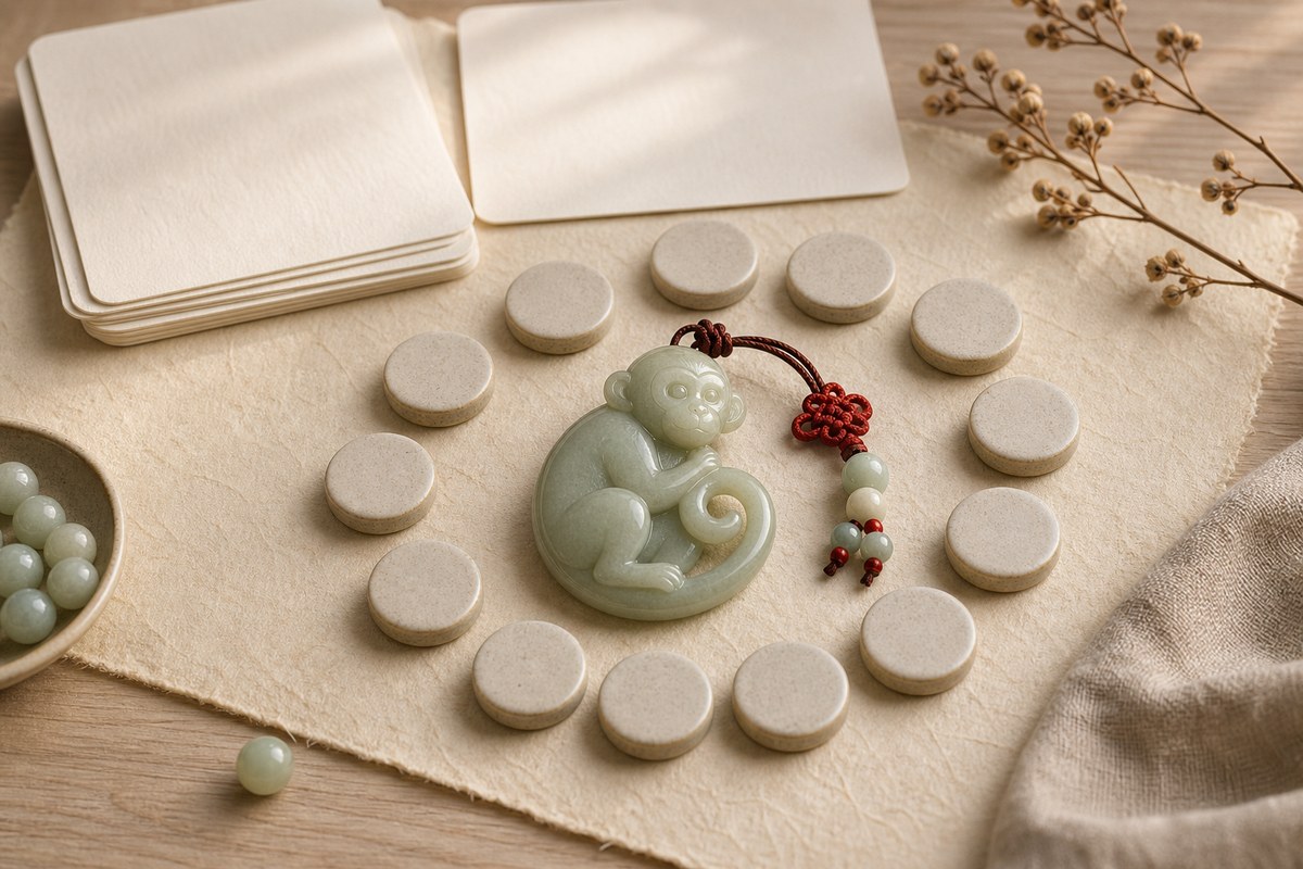 Blank calendar cards with a jade monkey zodiac charm and blank ceramic cycle markers on warm handmade paper
