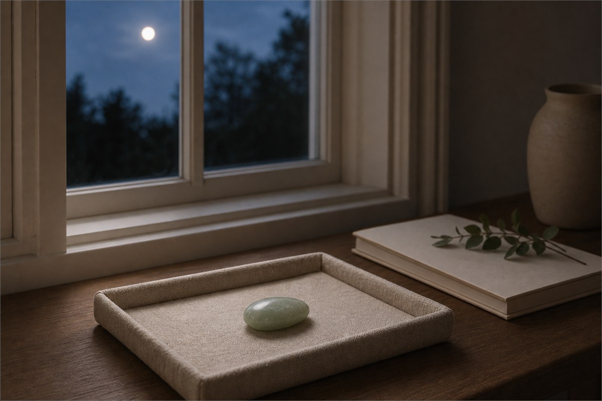 Dry polished stone on a padded tray indoors beside a closed window with the moon visible outside