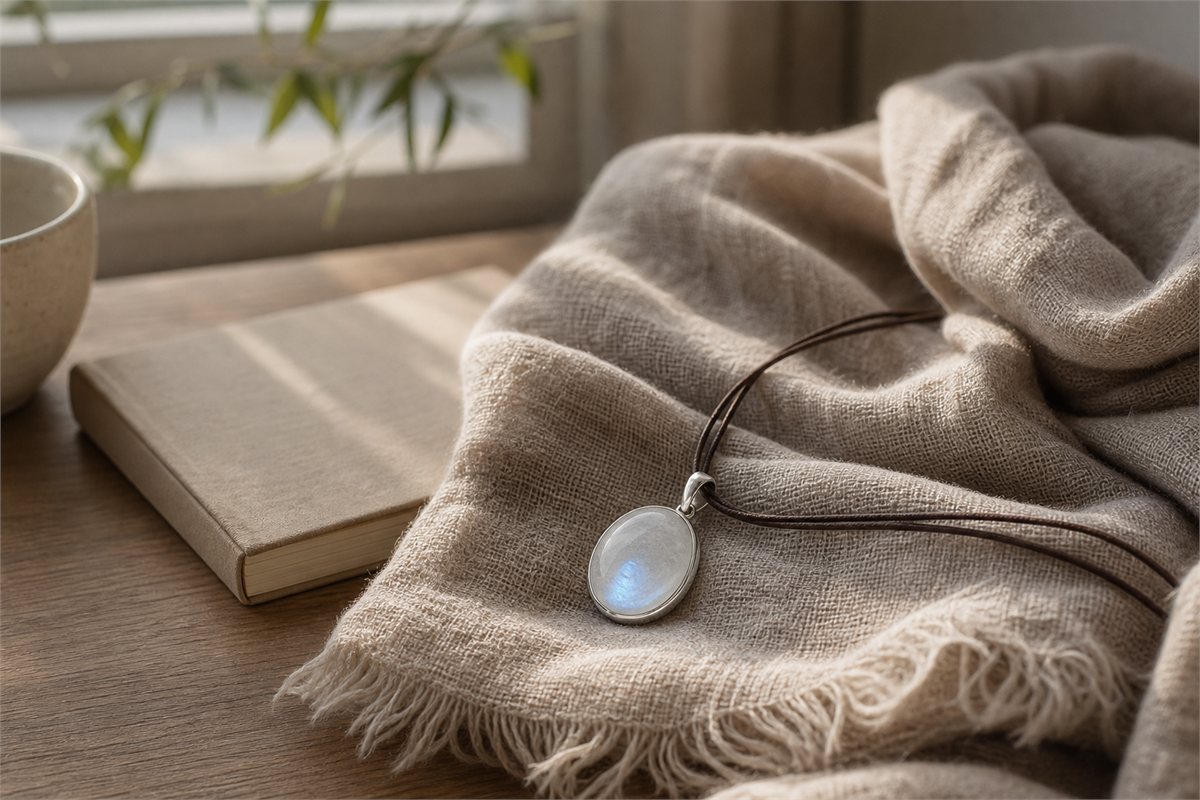 Milky moonstone pendant with subtle blue-white adularescence on a neutral travel scarf