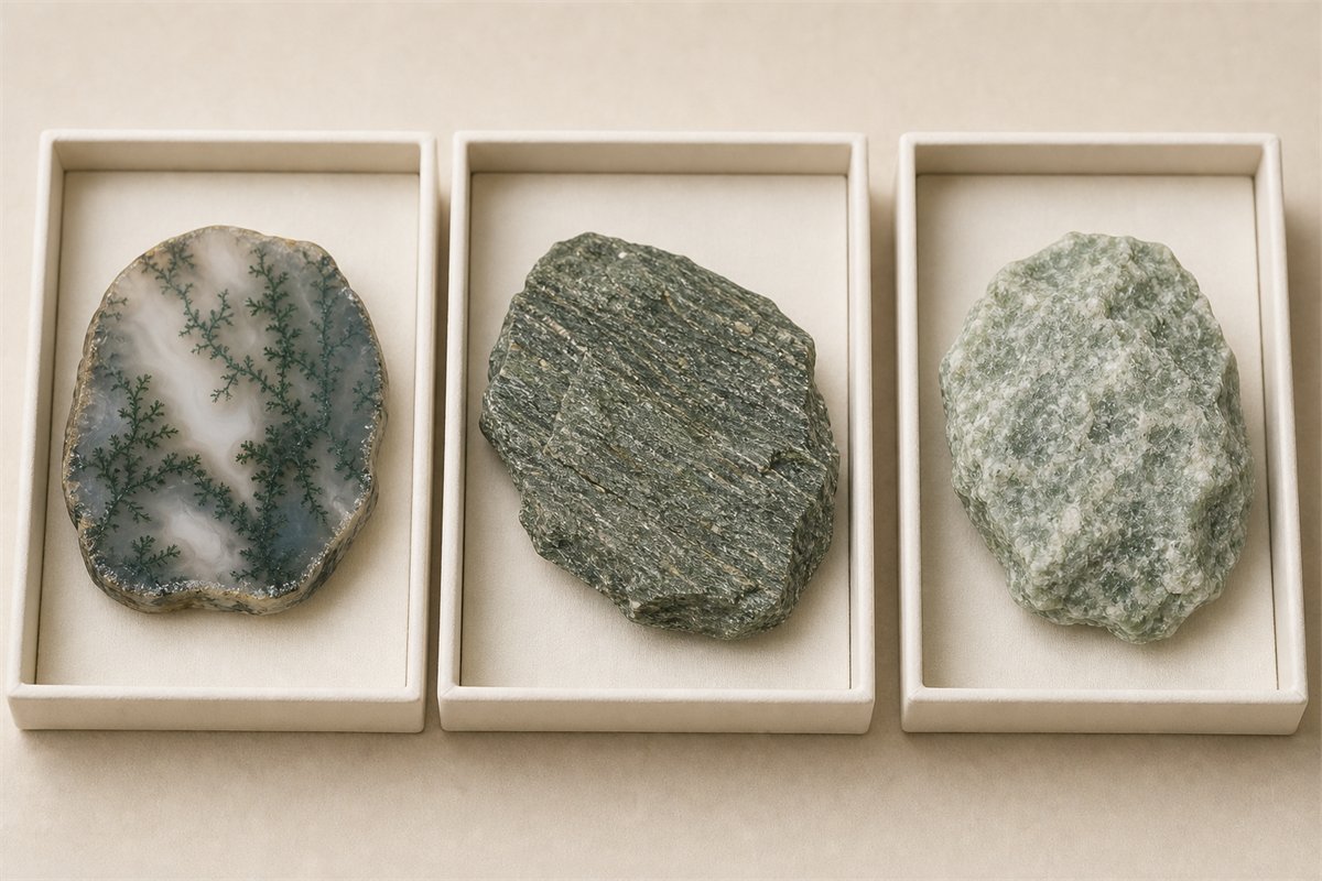 Separated specimens of dendritic moss agate, foliated greenschist, and granular green quartzite