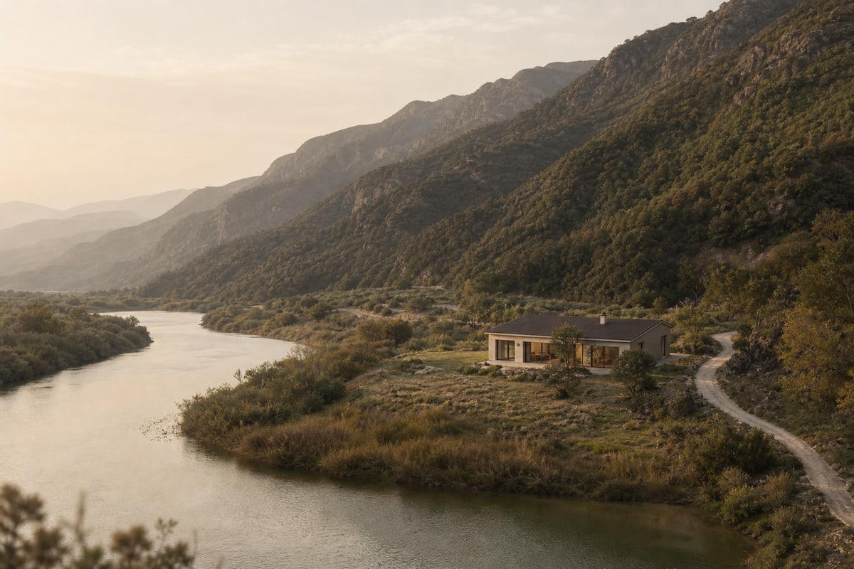 Small home sheltered by a curving mountain ridge with a river bend and approach road