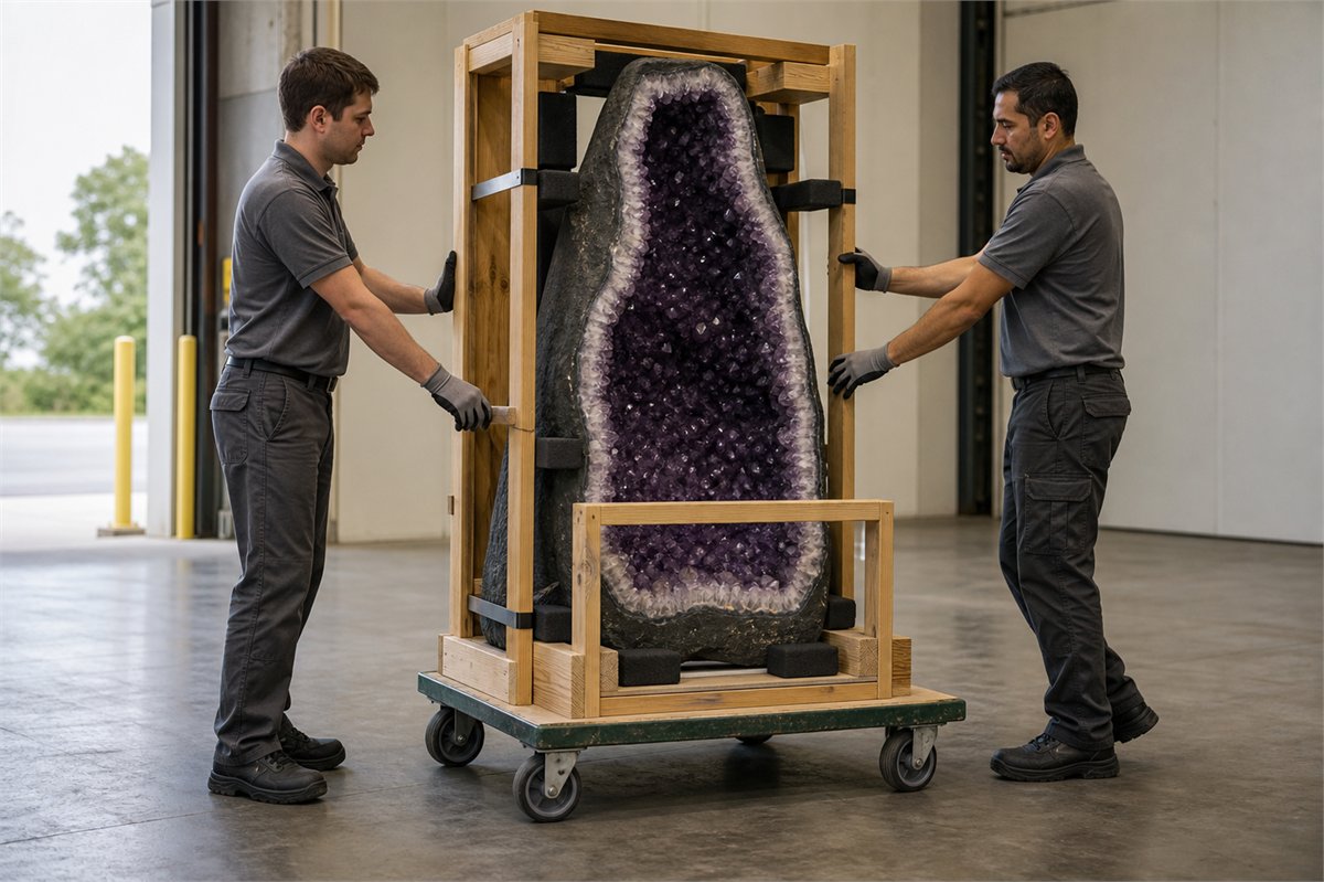 Professional movers using a rated dolly and protective frame for a large amethyst geode