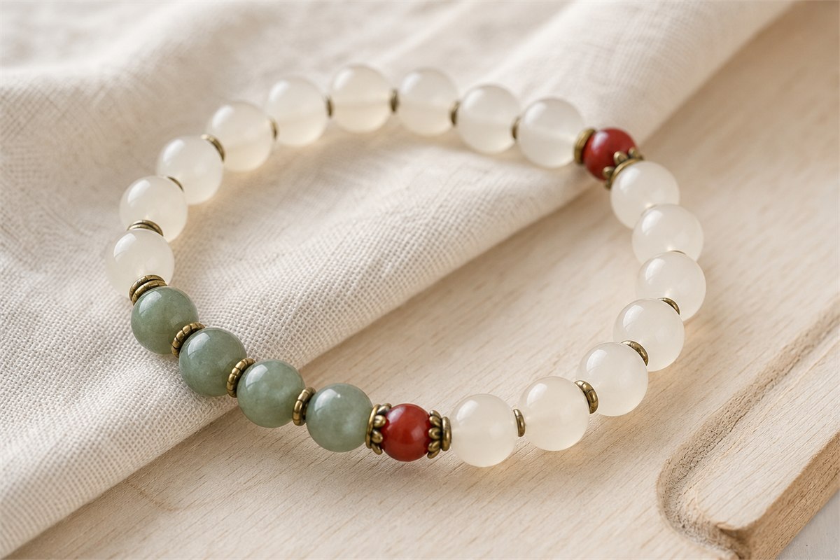 White bead bracelet with a smaller green section and two red accent beads