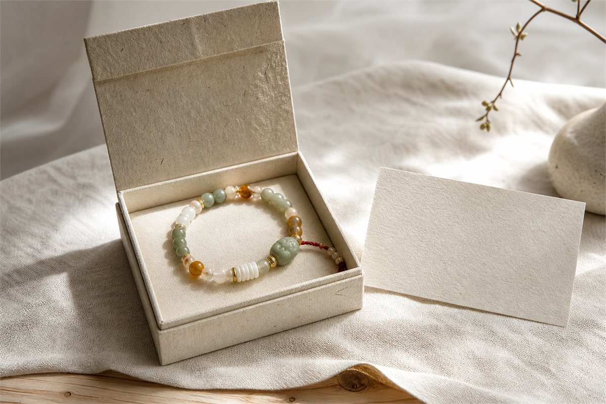 Muted multicolor bracelet in a cream handmade paper gift box beside a blank card
