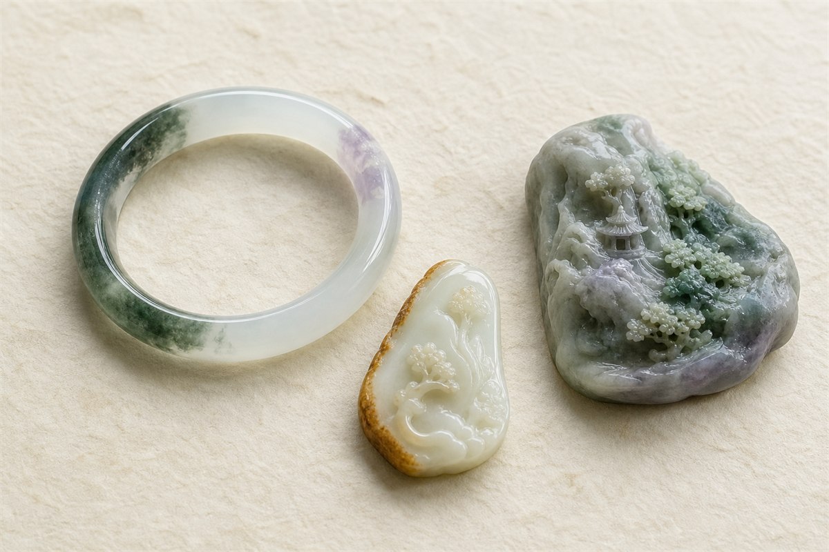 Jadeite bangle with irregular green and lavender clouds, white nephrite pendant with russet edge, and mottled multicolor carving