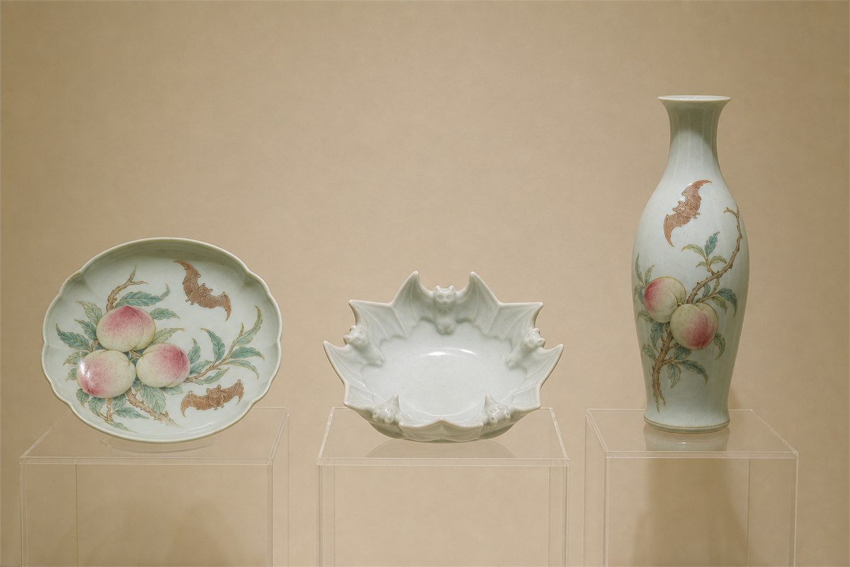 Museum-style display of a peach-and-bat dish, a five-bat bowl, and a peach-and-bat vase