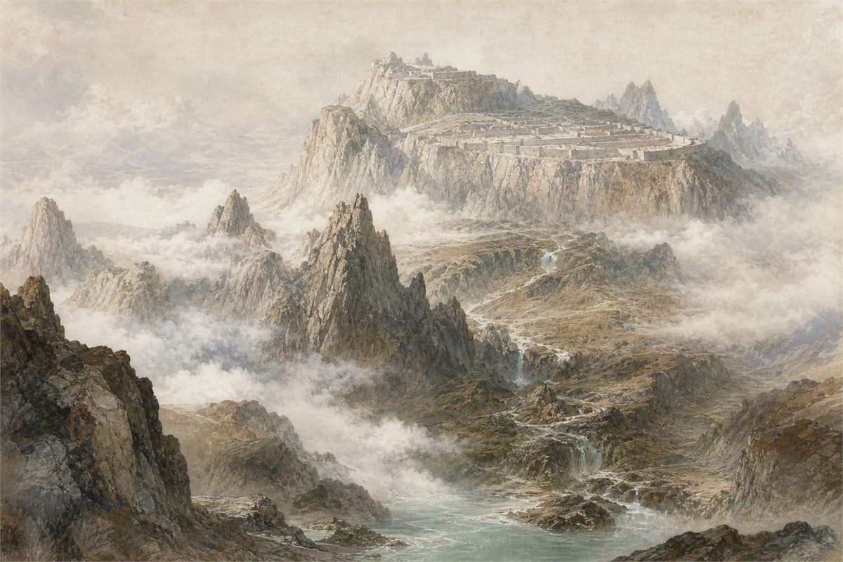 Imagined cosmic Kunlun mountain with layered peaks, clouds, streams, and a distant high terrace