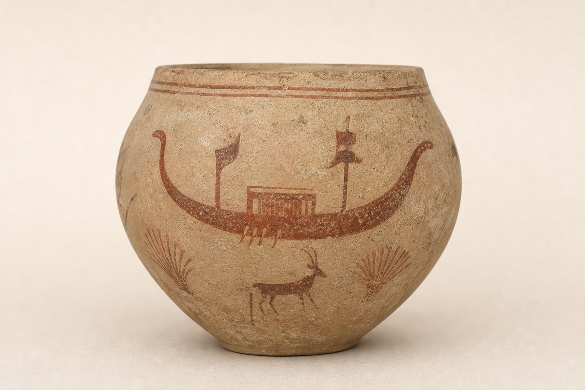Pale Naqada II marl jar painted with a boat, birds, gazelles, waves, and geometric motifs