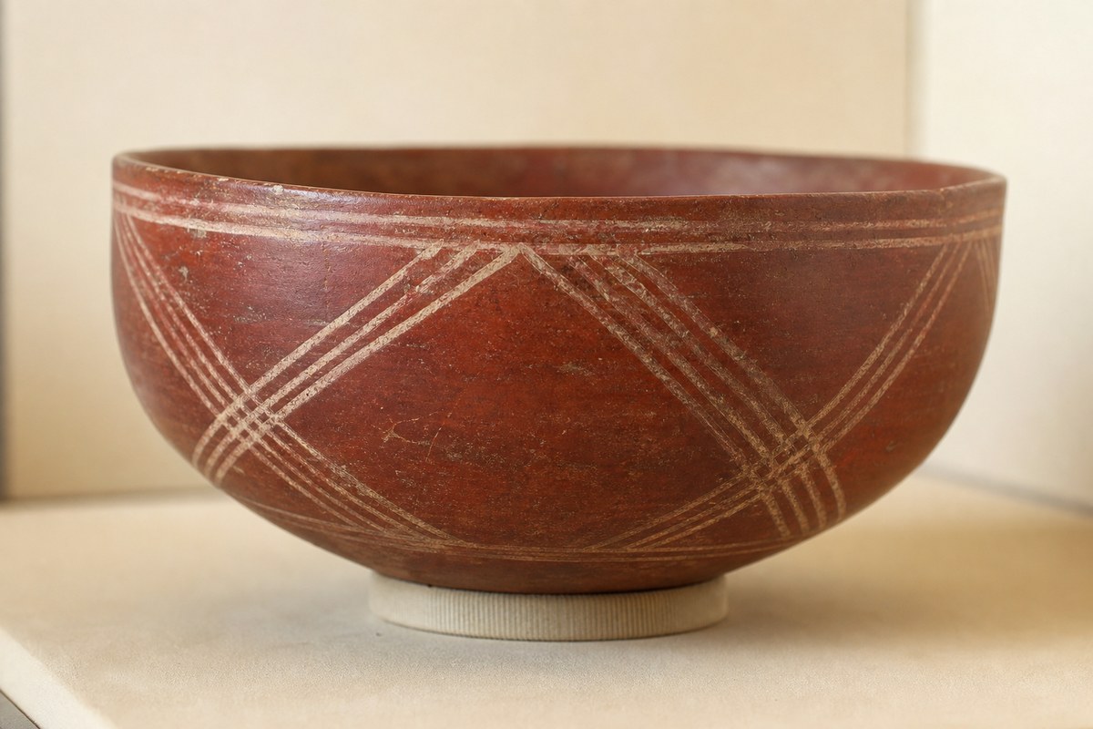 Naqada I polished red pottery bowl with white cross-lined geometric decoration