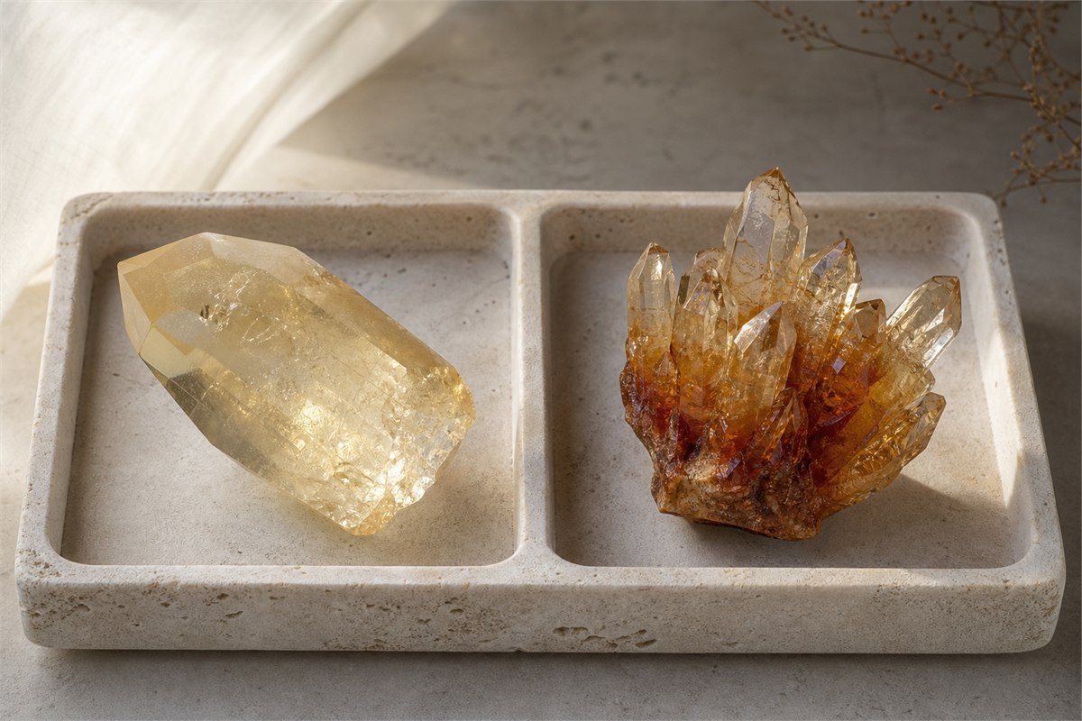 Pale natural-looking citrine crystal beside a deeper orange-brown heated quartz cluster on a neutral tray