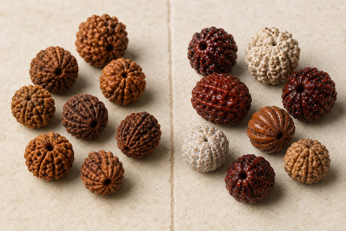 Natural brown Rudraksha beads beside uniformly dyed, glossy oiled, pale acid-washed, and rounded treated examples