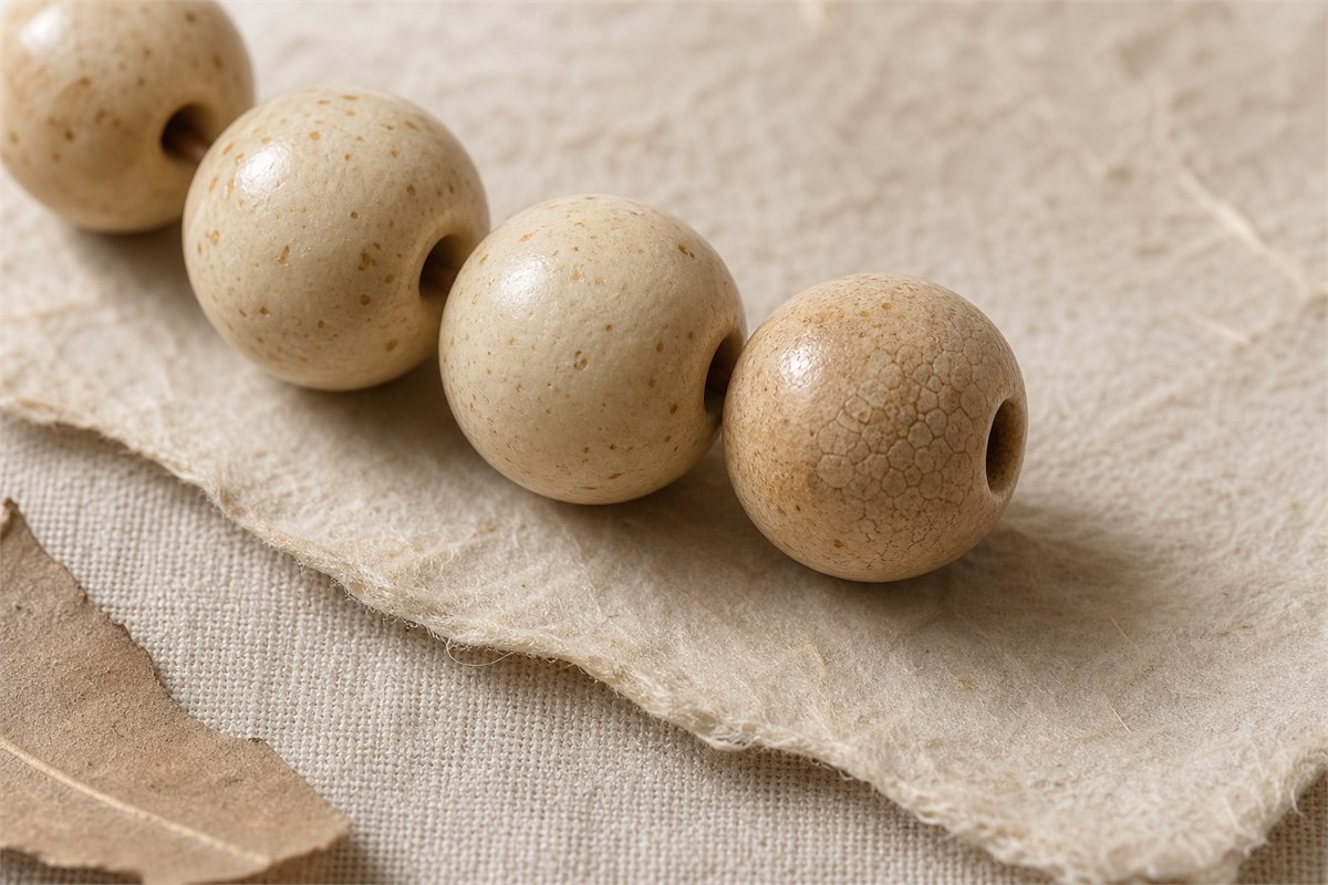 Close view of Bodhi root beads with mellow sheen and fine surface checking