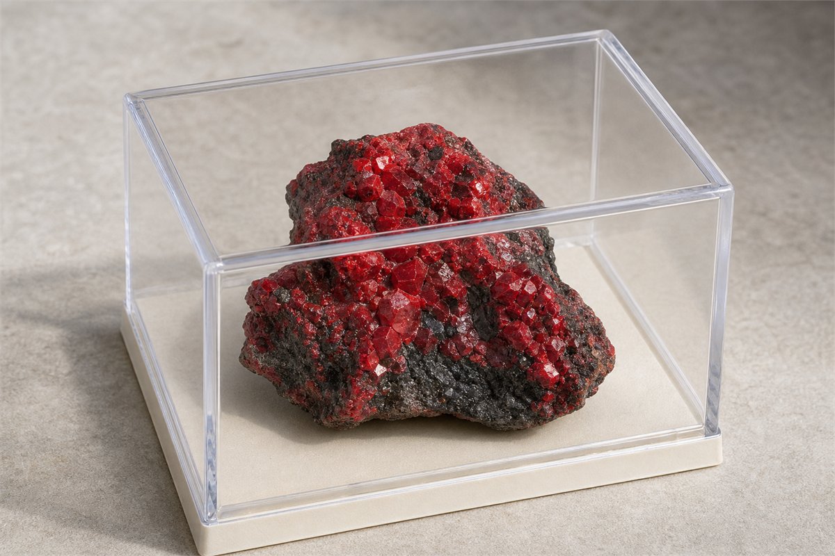 Scarlet cinnabar crystals on dark host rock inside a clear protective display case