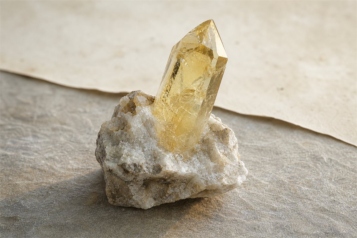 Pale yellow quartz crystal attached to a natural host-rock matrix with subtle color zoning and inclusions