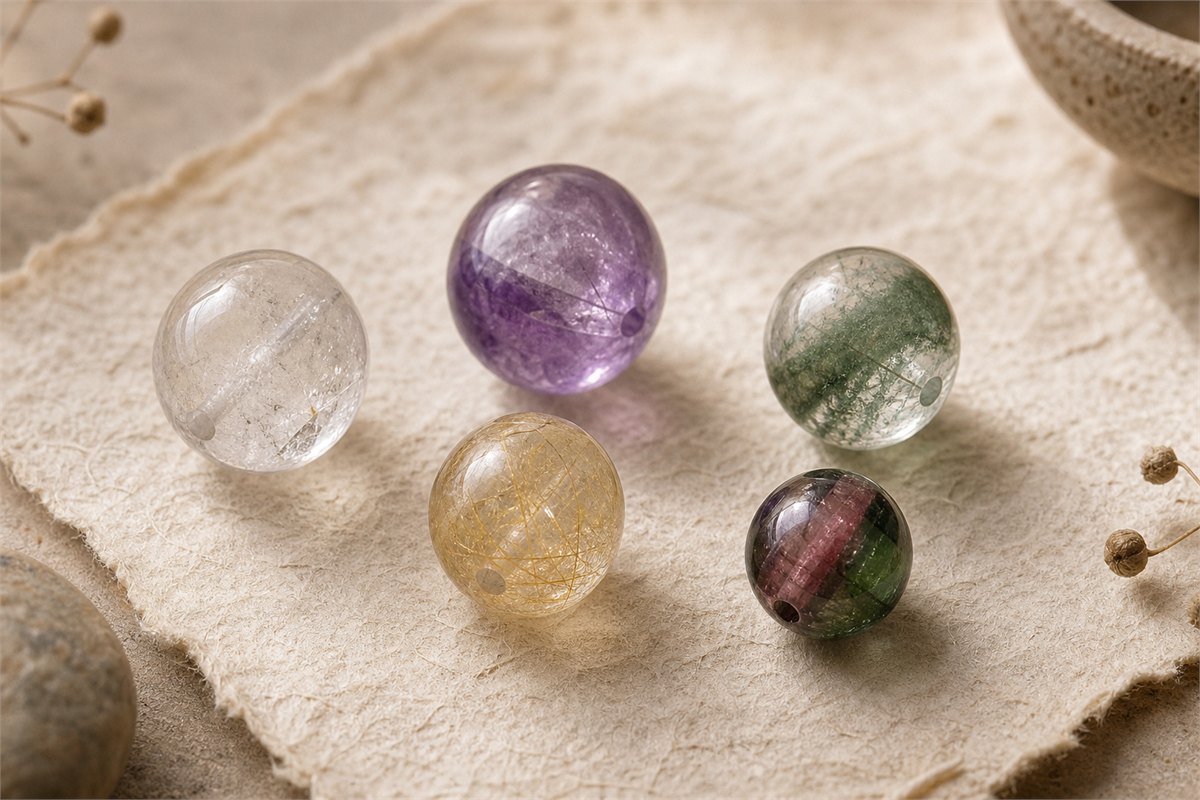 Macro view of clear quartz, amethyst, green phantom, rutilated quartz, and tourmaline beads with natural inclusions