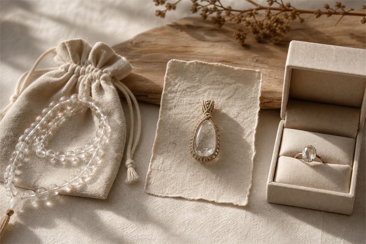 Simple quartz bead strand, crafted crystal pendant, and fine crystal ring displayed separately without price tags