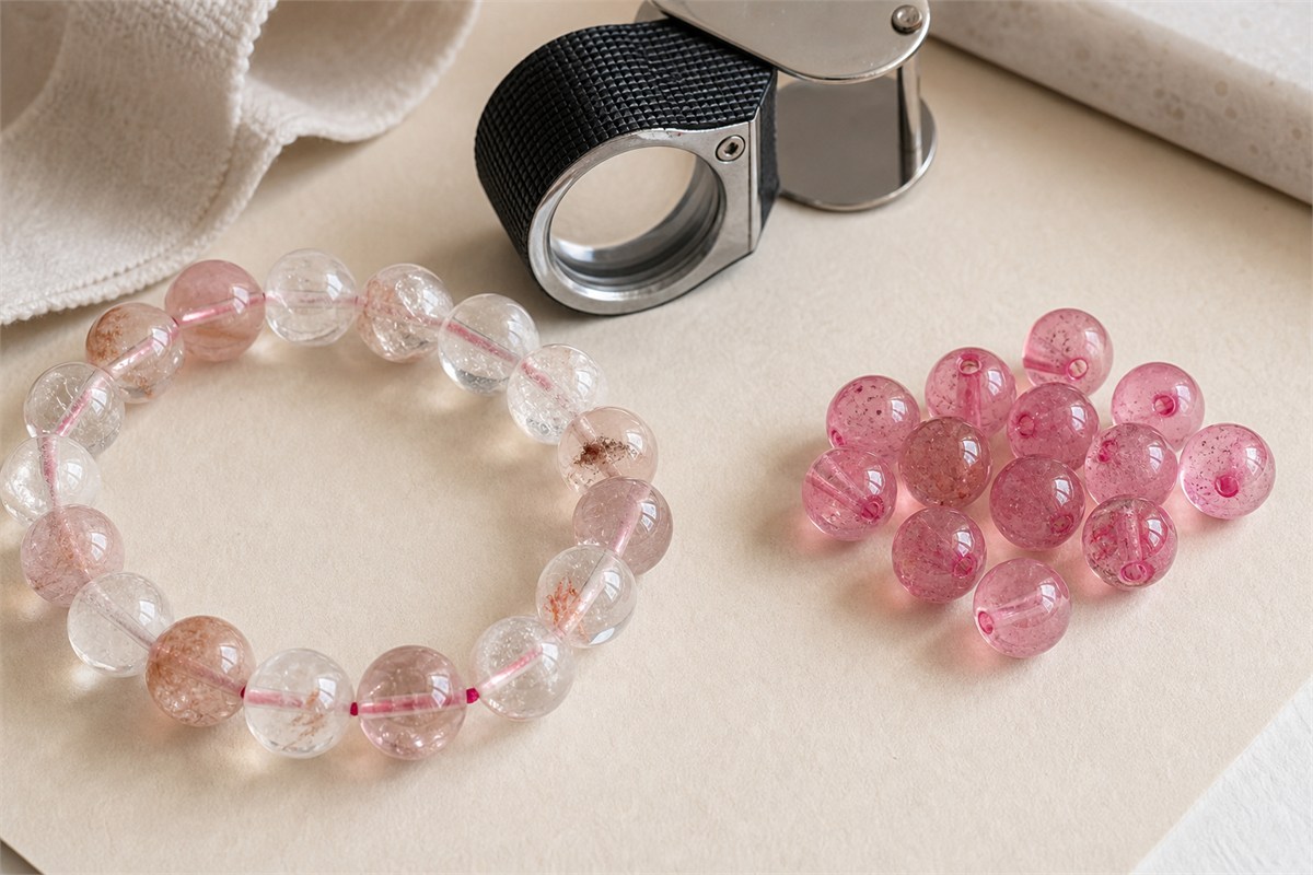 A natural clear and rose quartz bracelet separated from uniformly bright pink glass beads during loupe inspection