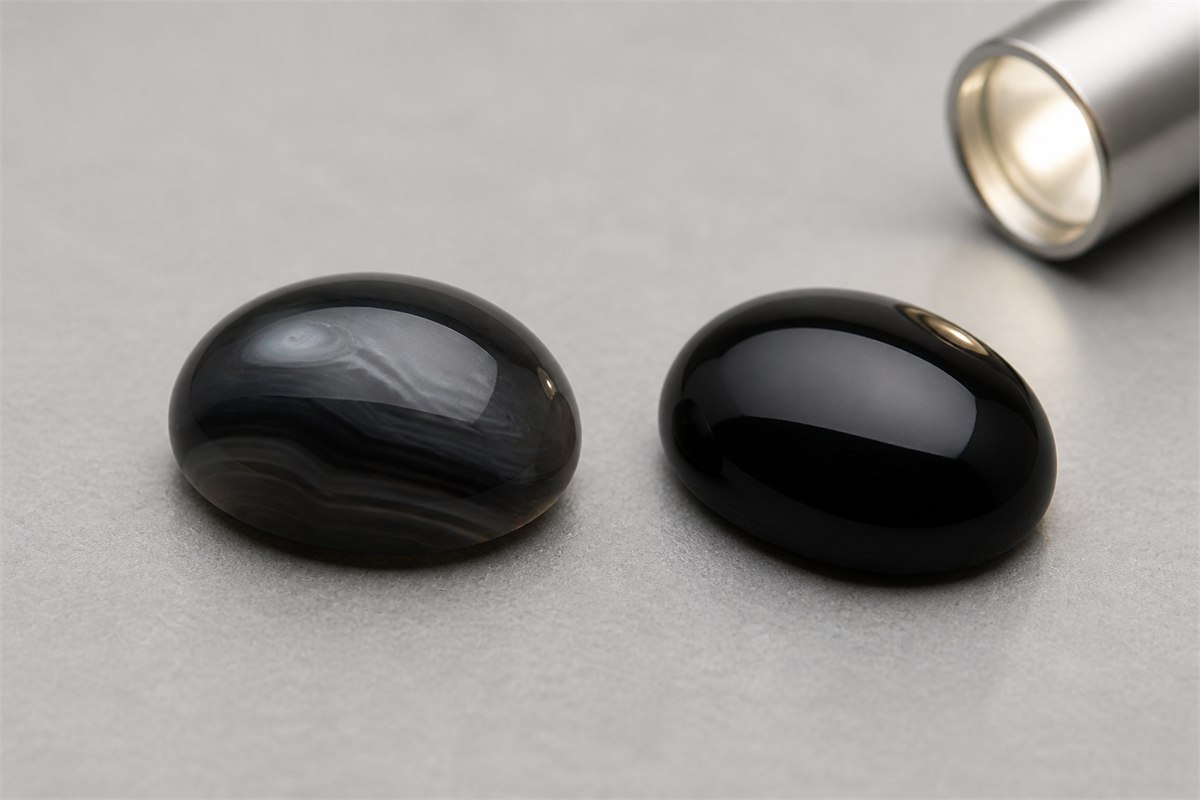 Two dark chalcedony samples under neutral gemological lighting, one subtly variable and one evenly black