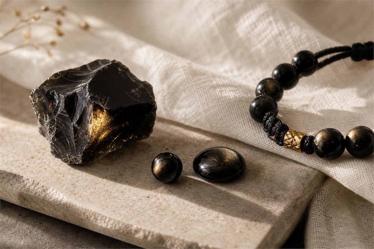 Natural obsidian rough, polished bead, cabochon, and bracelet showing black volcanic glass texture