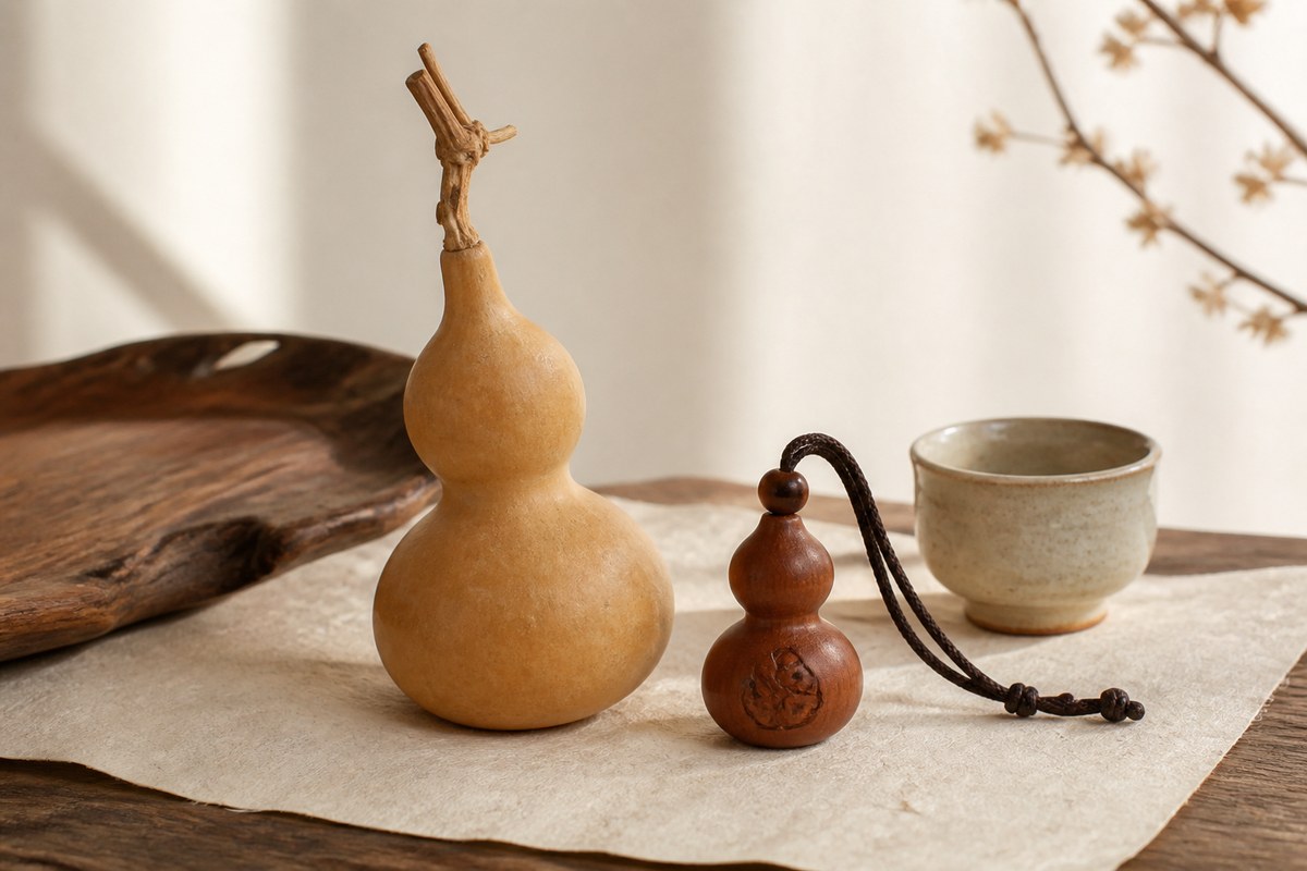 Dried hulu gourd, carved wooden hulu charm, and simple ceramic cup on parchment and natural wood