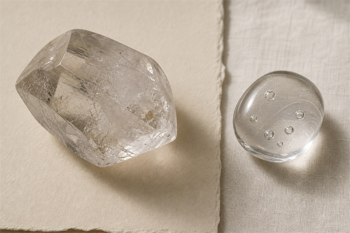 Two separate macro samples showing irregular veils in natural quartz and round bubbles with flow lines in glass