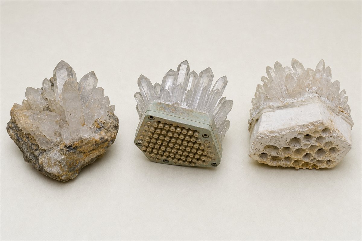 Natural quartz cluster compared with quartz on an engineered support and crystals grown over a manufactured base