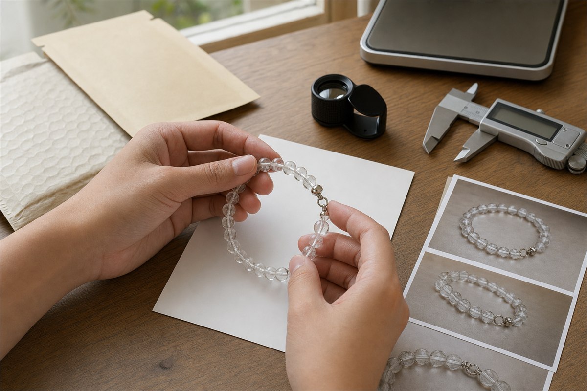 Hands examining the same quartz bracelet from several angles beside a loupe, calipers, scale, and return packaging