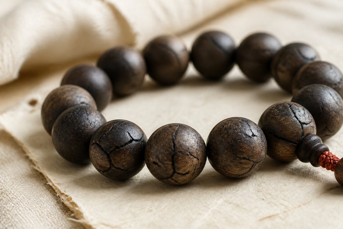 Dark wood beads with uneven branching cracks, charred transitions, and natural grain variation