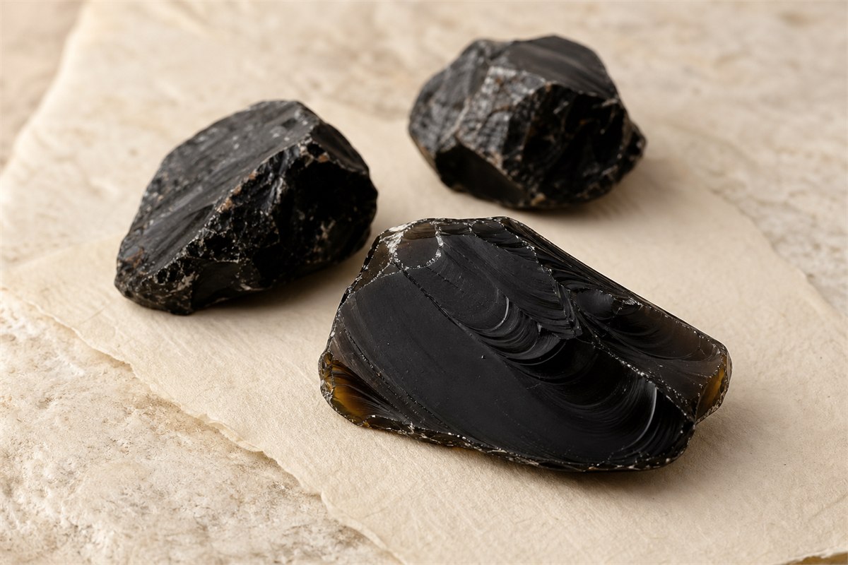 Rough and polished black obsidian showing glassy luster and curved surface flow