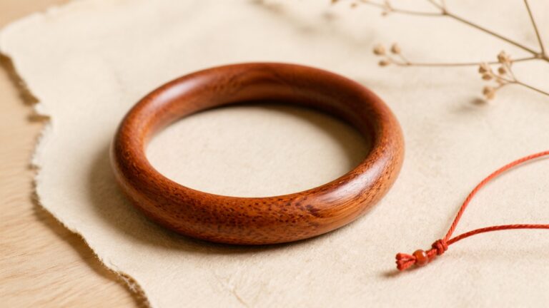 A smooth peach wood bangle bracelet on ivory handmade paper with a small red cord accent