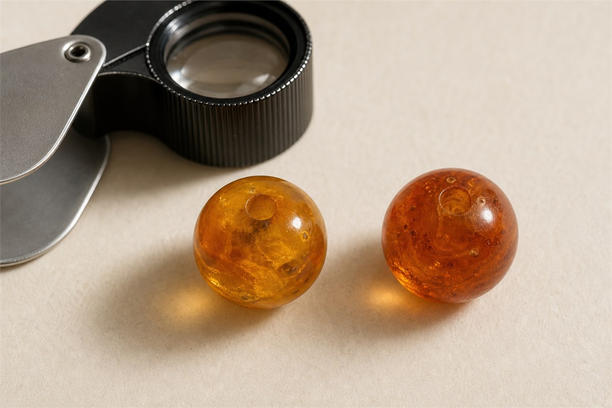 Two intact amber beads with subtly different internal structures beside a loupe.