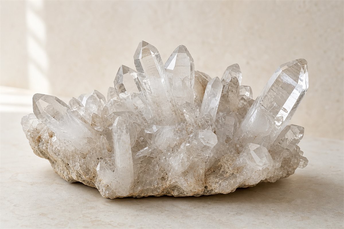 Clear quartz cluster with crystals of different sizes and directions on a shared rocky matrix