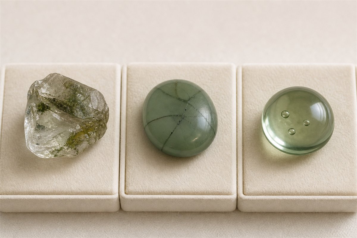 Natural included quartz beside green dyed stone with dark fracture lines and green glass with round bubbles