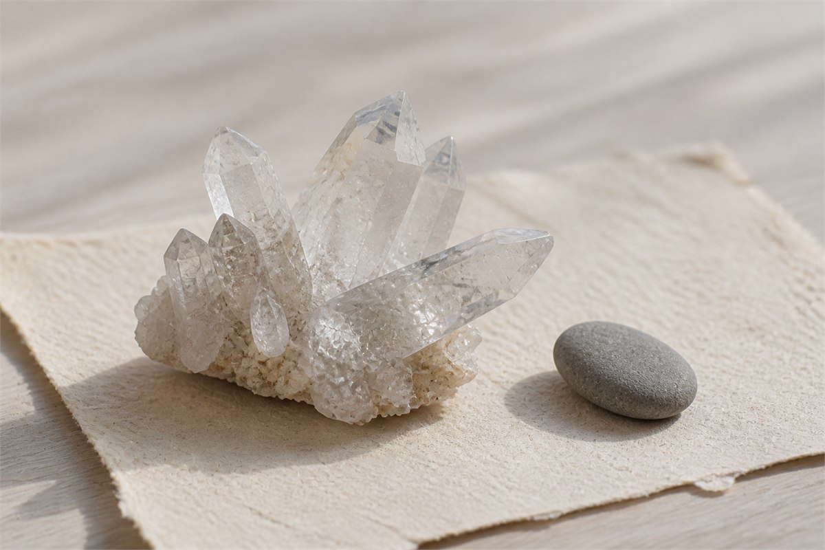Natural clear quartz crystal cluster with subtle veils and mineral texture on warm handmade paper