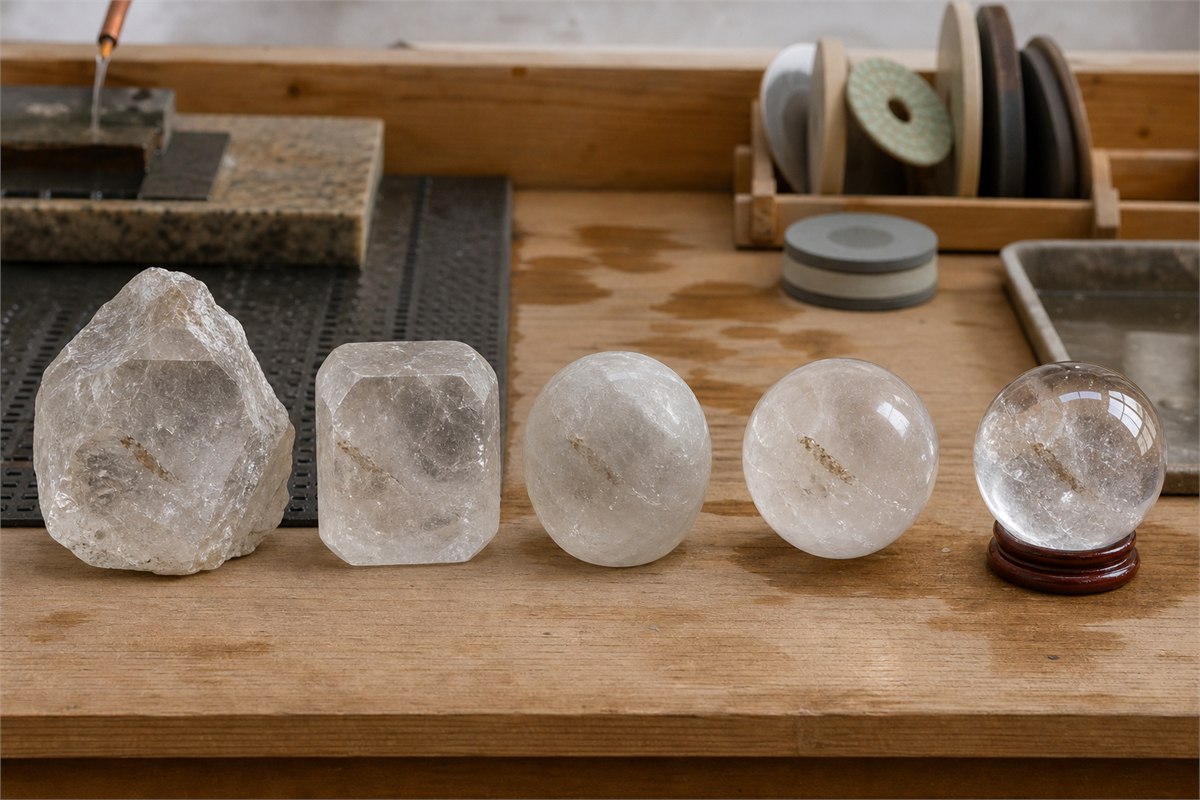 Natural quartz rough progressing through sawn blank, rounded preform, and polished sphere stages