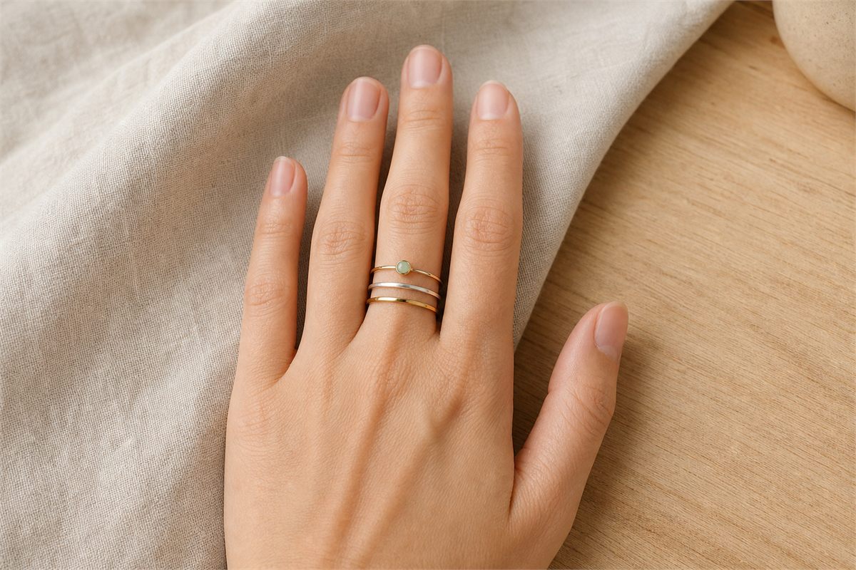 A relaxed five-finger hand wearing a comfortable three-ring gold, silver, and jade stack