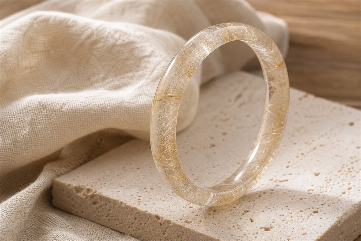 Natural closed quartz bangle with fine golden rutile needles visible inside the transparent stone