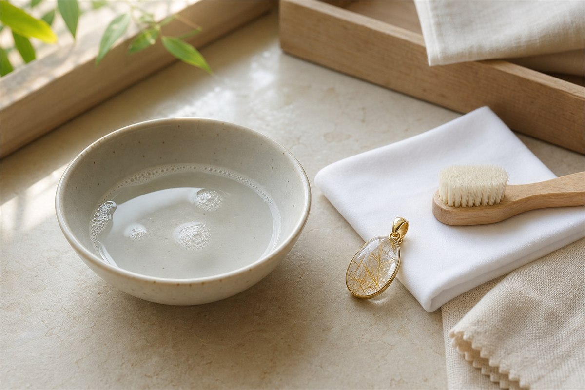 Small bowl of lightly soapy lukewarm water beside a soft jewelry brush, lint-free cloth, and rutilated quartz pendant