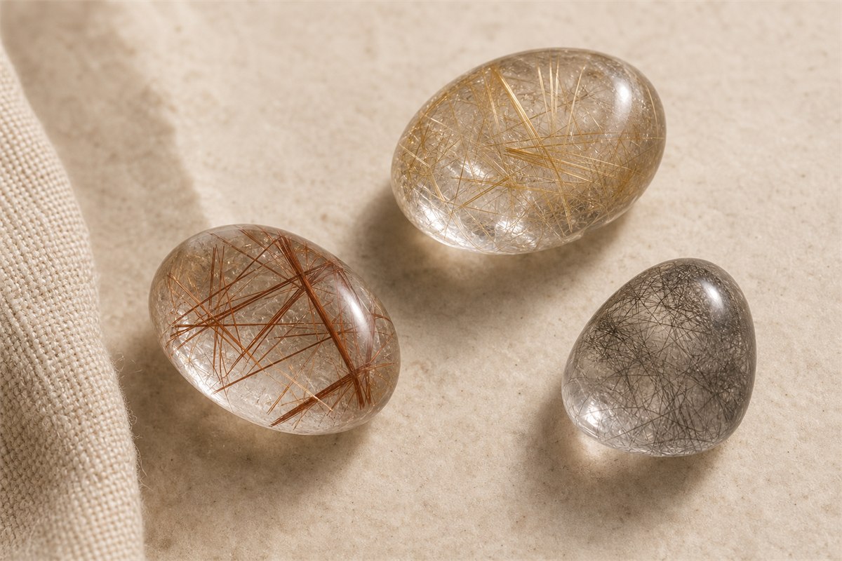 Three polished rutilated quartz cabochons with golden, copper-brown, and dark needles visible at different depths