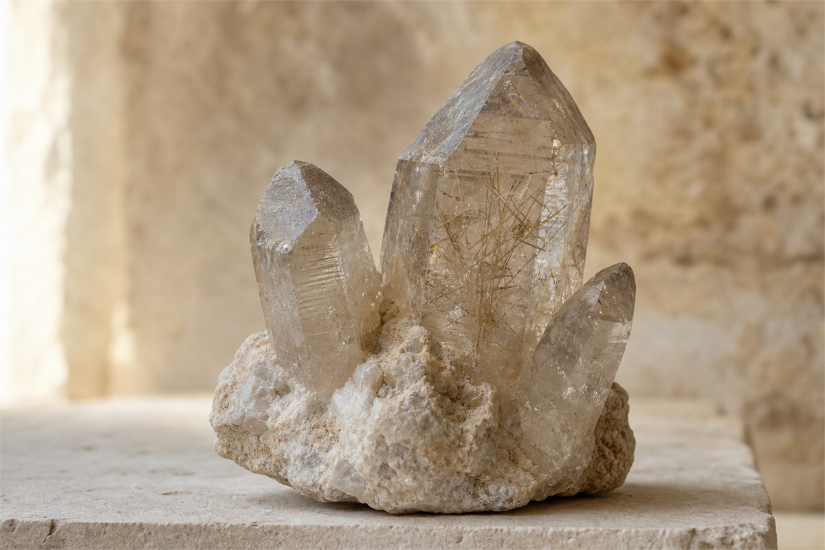 Unpolished quartz crystal cluster on pale matrix with natural striations and fine rutile needles inside the clearest point