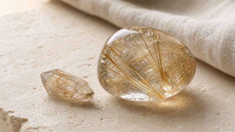 Polished transparent rutilated quartz and a natural quartz crystal containing golden rutile needles